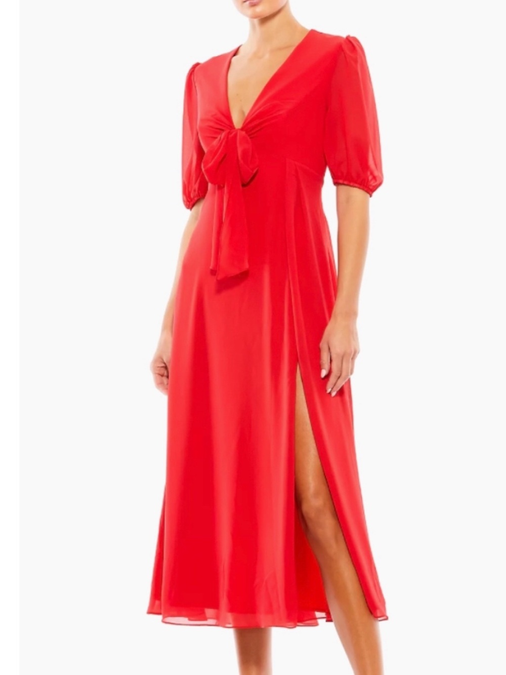 Mac Duggal Red Tie-Front Midi Dress with Puff Sleeves